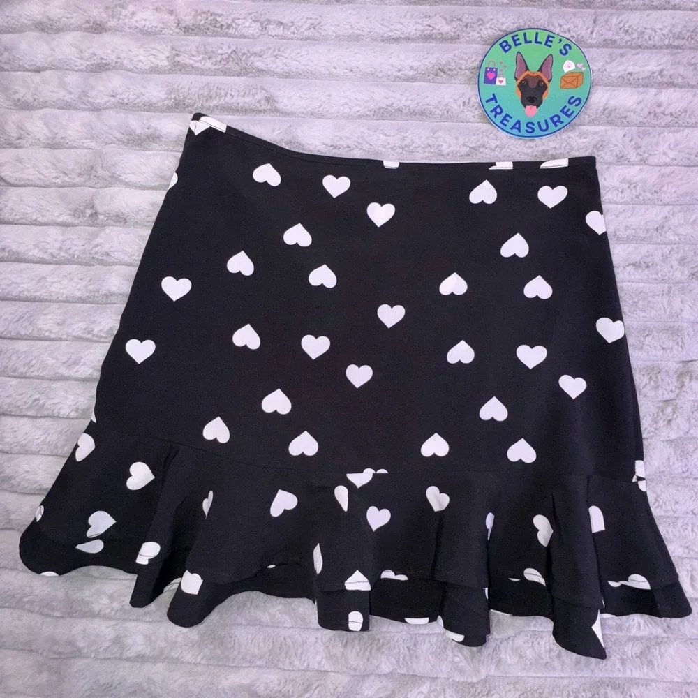 Altar'd State Mini Skirt‎ Medium Black White Heart AOP Ruffle Hem Coquette Y2K